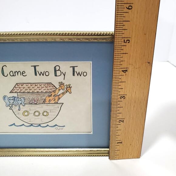 Vtg Noah's Arc They Come By Two Framed Matted Signed Drawing 5x7 Nursery Art - Picture 7 of 9